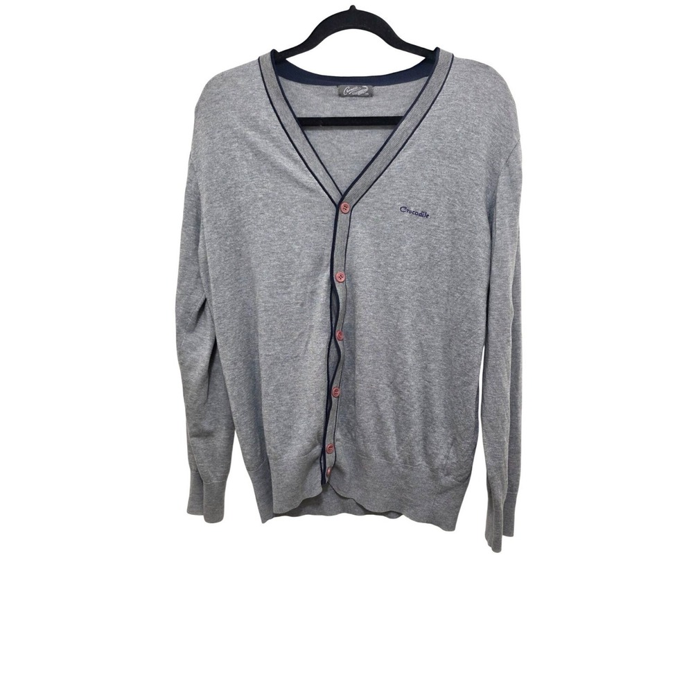 Crocodile Men's Gray V-Neck Cardigan Sweater Navy Trim & Button Front Size M